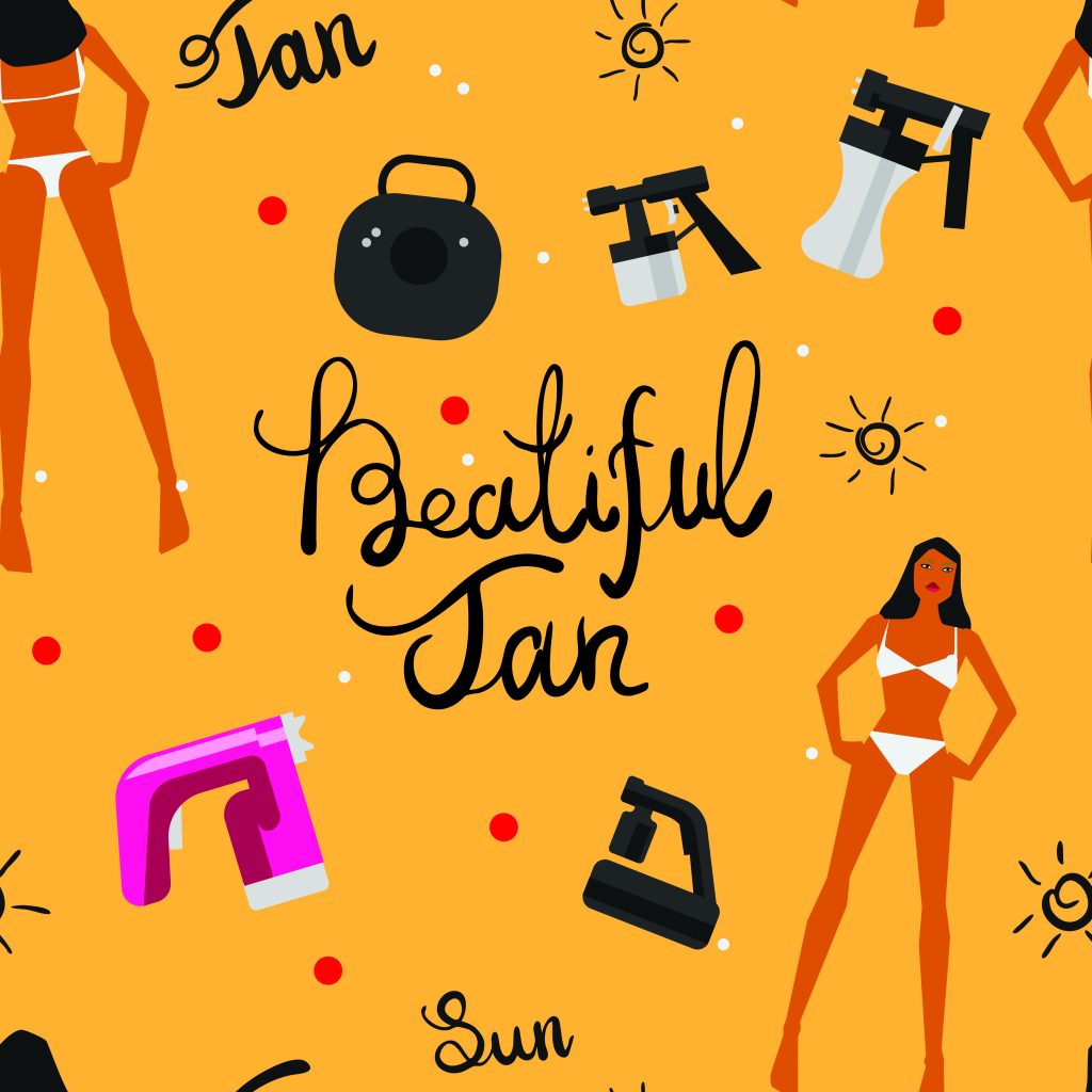 Vector image of spray tan guns, spray tan machines, suns, dark-haired tan women in white bikinis and the phrase "beautiful tan" against a bright yellow background. 