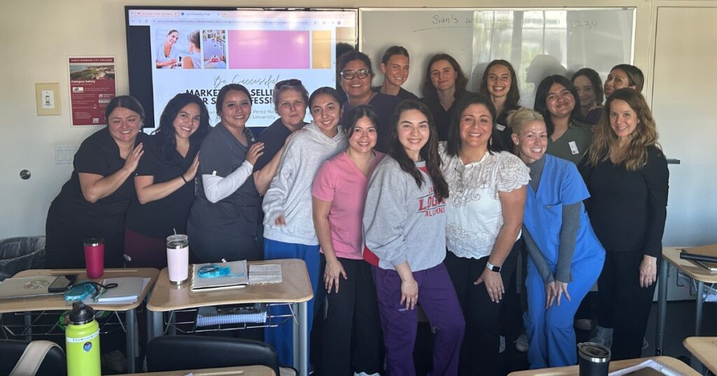 A group of esthetician students enrolled at the Santa Barbara City College Cosmetology esthetician program. A community college program in Southern California.