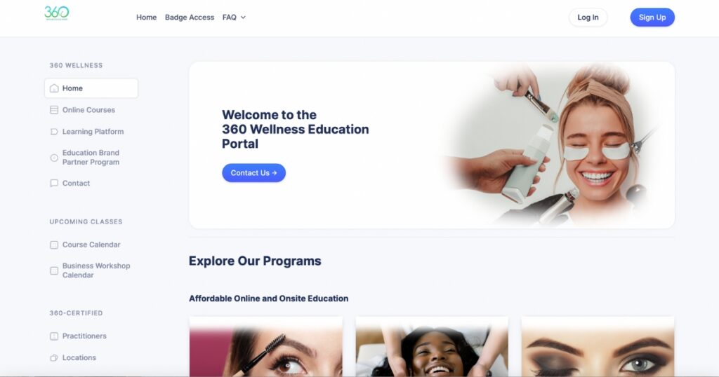 Screenshot of 360 wellness education website. 360 Wellness Education offers online continuing education courses for estheticians. 