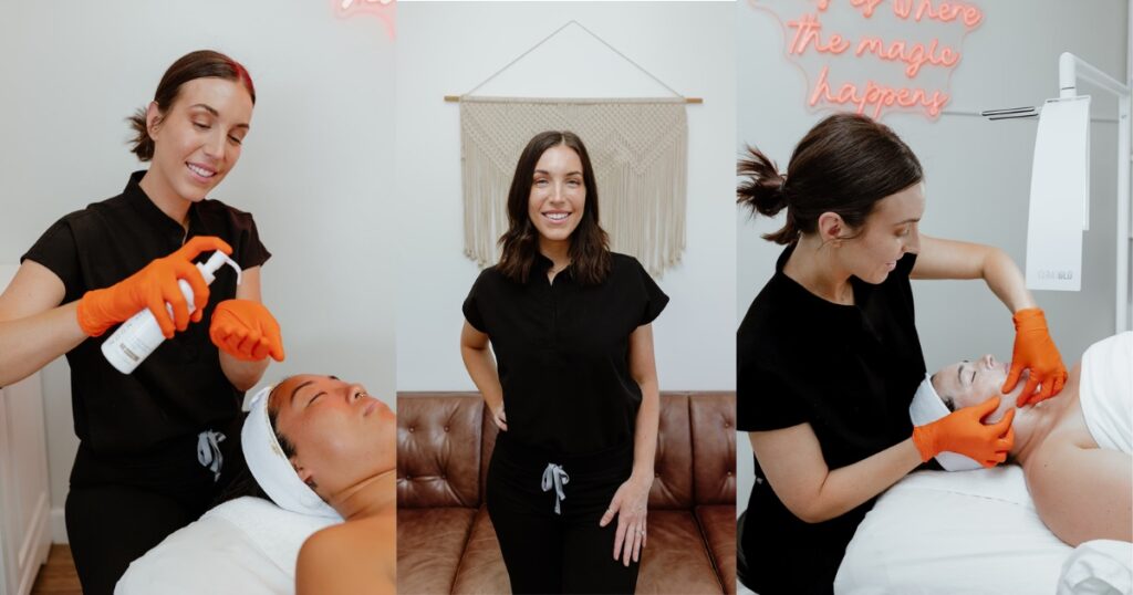 Esthetician Robin Pettus of Skin With Robin in Long Beach, CA, works on clients in her treatment room.