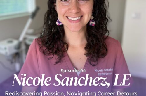 Esthetician Nicole Sanchez from Port Hueneme California in a mauve-colored smock embroidered with her name, smiles into the camera.