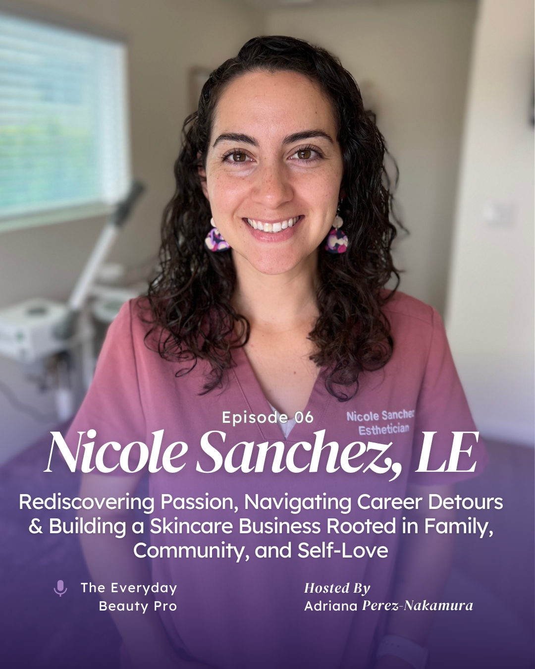 Esthetician Nicole Sanchez from Port Hueneme California in a mauve-colored smock embroidered with her name, smiles into the camera.